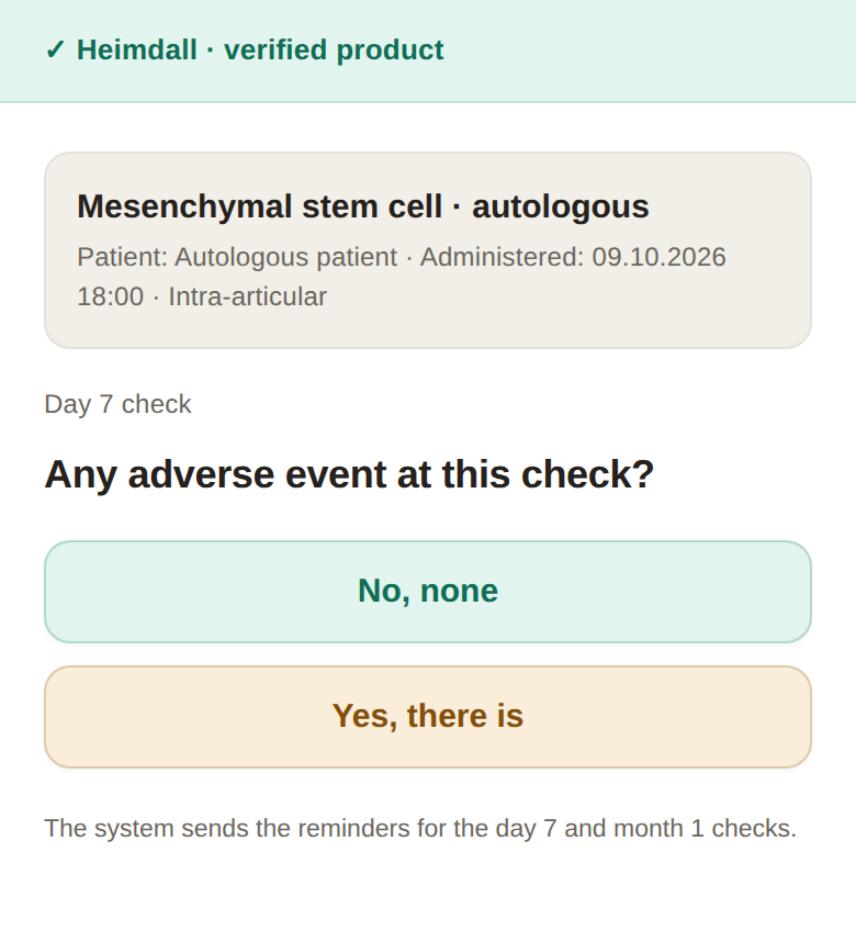 Day 7 check, one question, any adverse event, with a No button and a Yes button.
